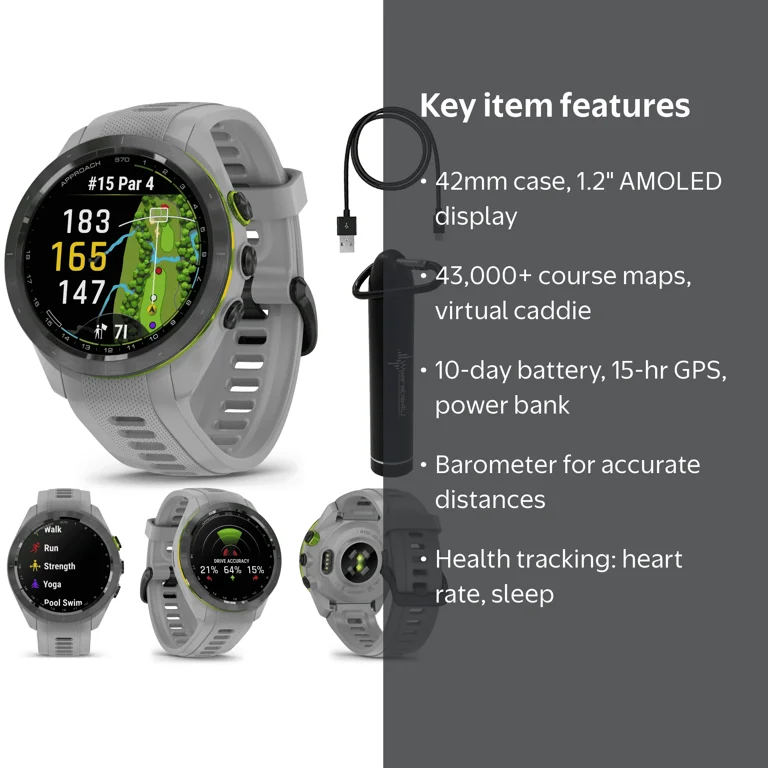 Garmin Approach S70, 42mm Gray Golf GPS Watch with CourseView Maps
