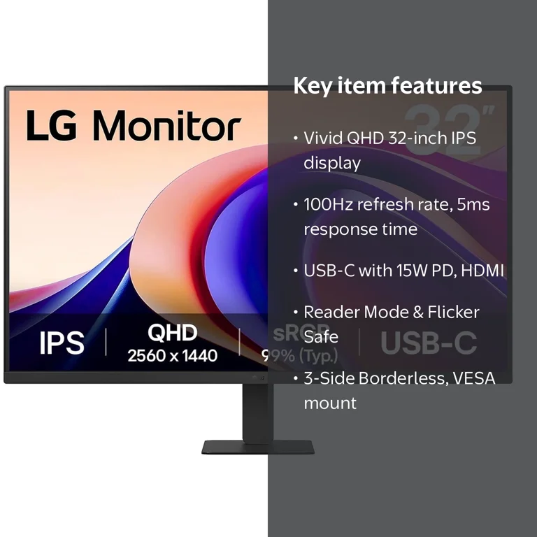 LG, Monitor, 32 Inch QHD IPS, 100Hz, HDR10, USB Type-C - Walmart.com