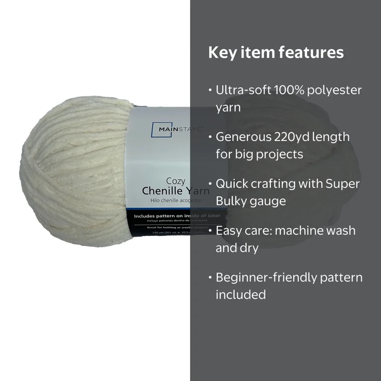 Mainstays Cozy Chenille Yarn 220 yd Ivory 100% Polyester Super