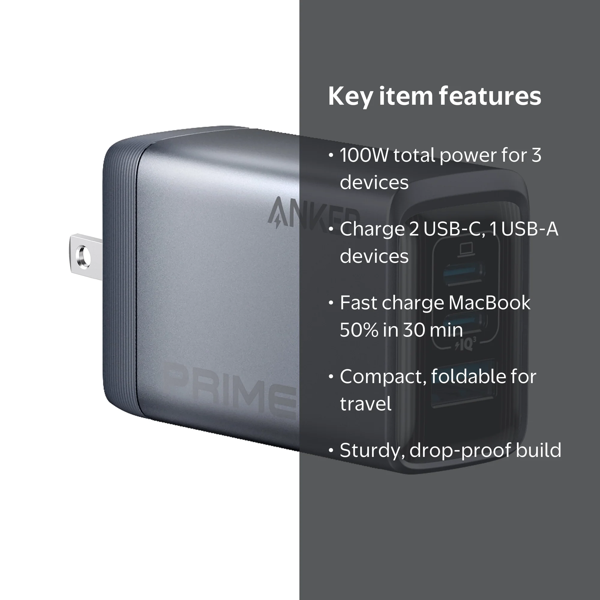 Anker Prime Charger, 100W, 3 Ports, GaN, Silver - Walmart.com