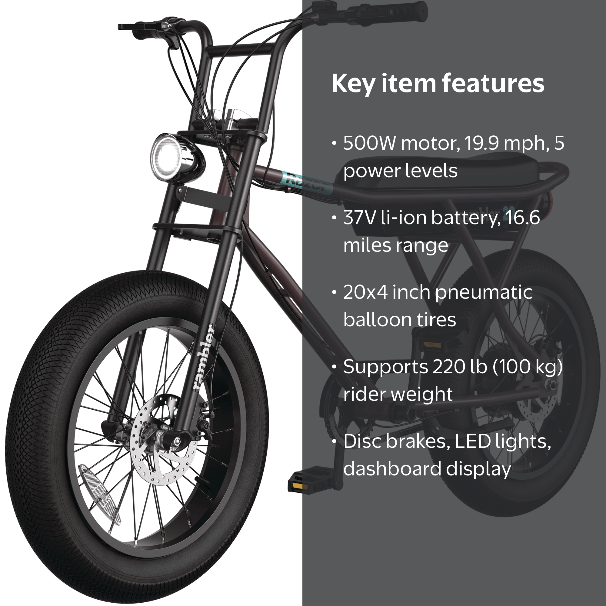Razor, Electric Bike, Rambler 20, Retro Style 500W Adult Speed
