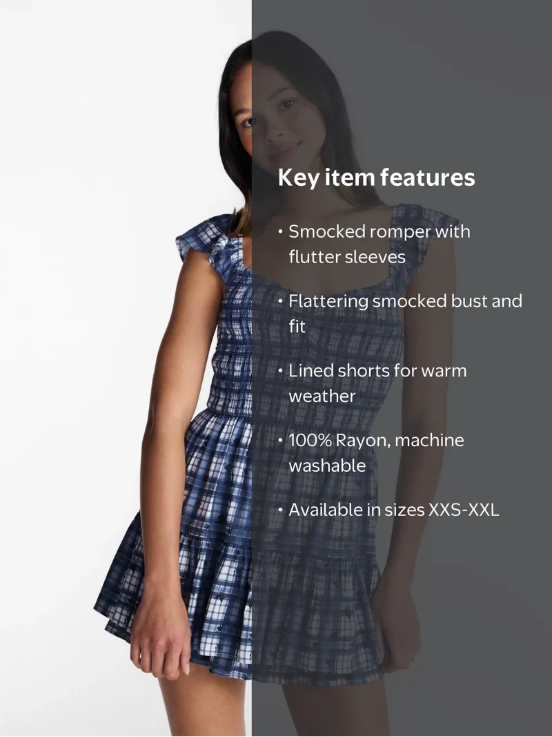 No Boundaries Smocked Romper with Flutter Sleeves, Women's XXS-XXL