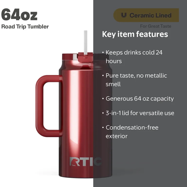 RTIC 64 oz Ceramic Lined Insulated Road Trip Tumbler, Leak