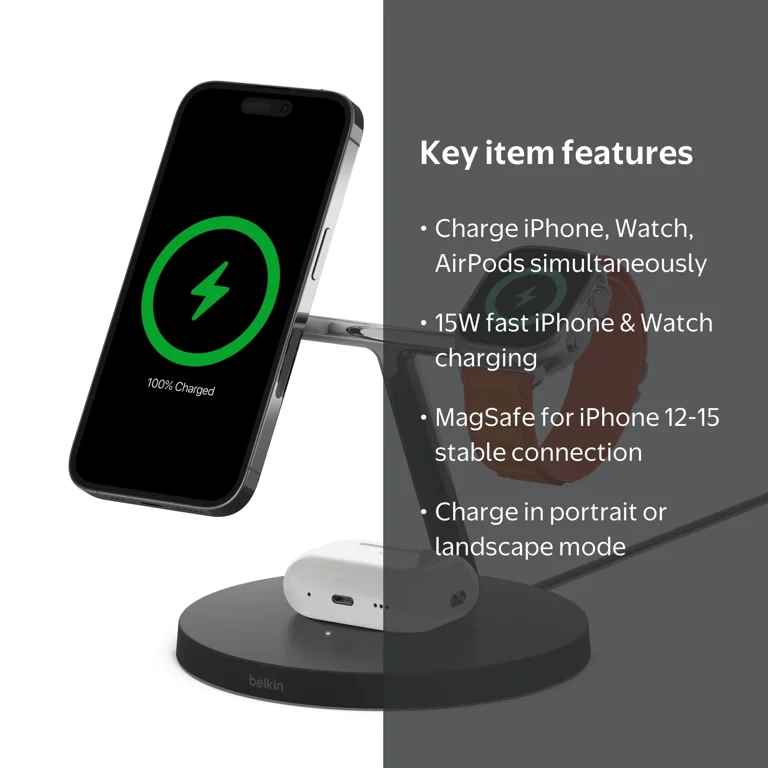 Belkin, 3-in-1 Wireless Charging Stand, MagSafe, 15W Fast Charging