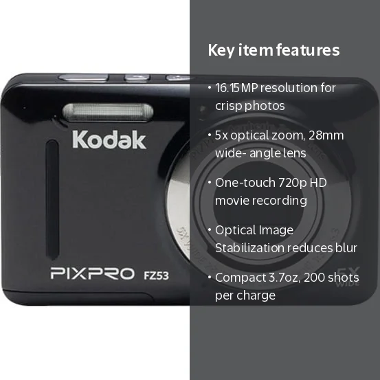Kodak, Compact Digital Camera, FZ53, 16MP 5X Optical Zoom