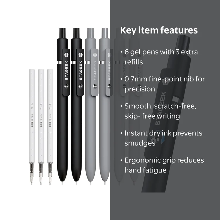 STAGEEK Black Gel Pens GX3, 6Pcs Fine Point Smooth Writing Pens
