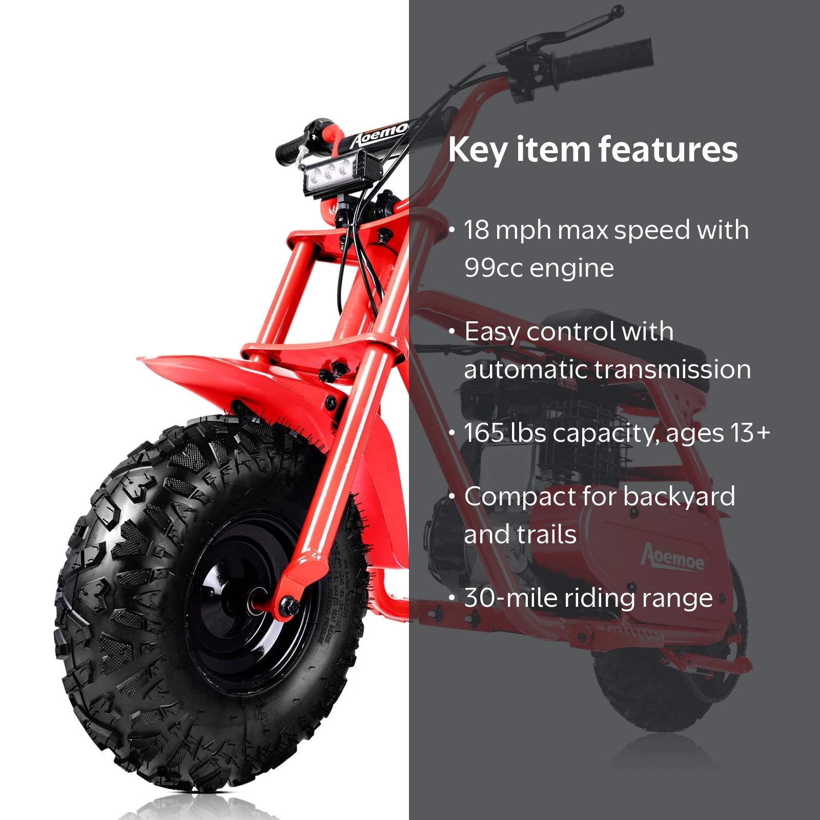 Aoemoe 99CC MB001 Gasoline Mini Dirt Bike,4-Stroke 18MPH Off Road