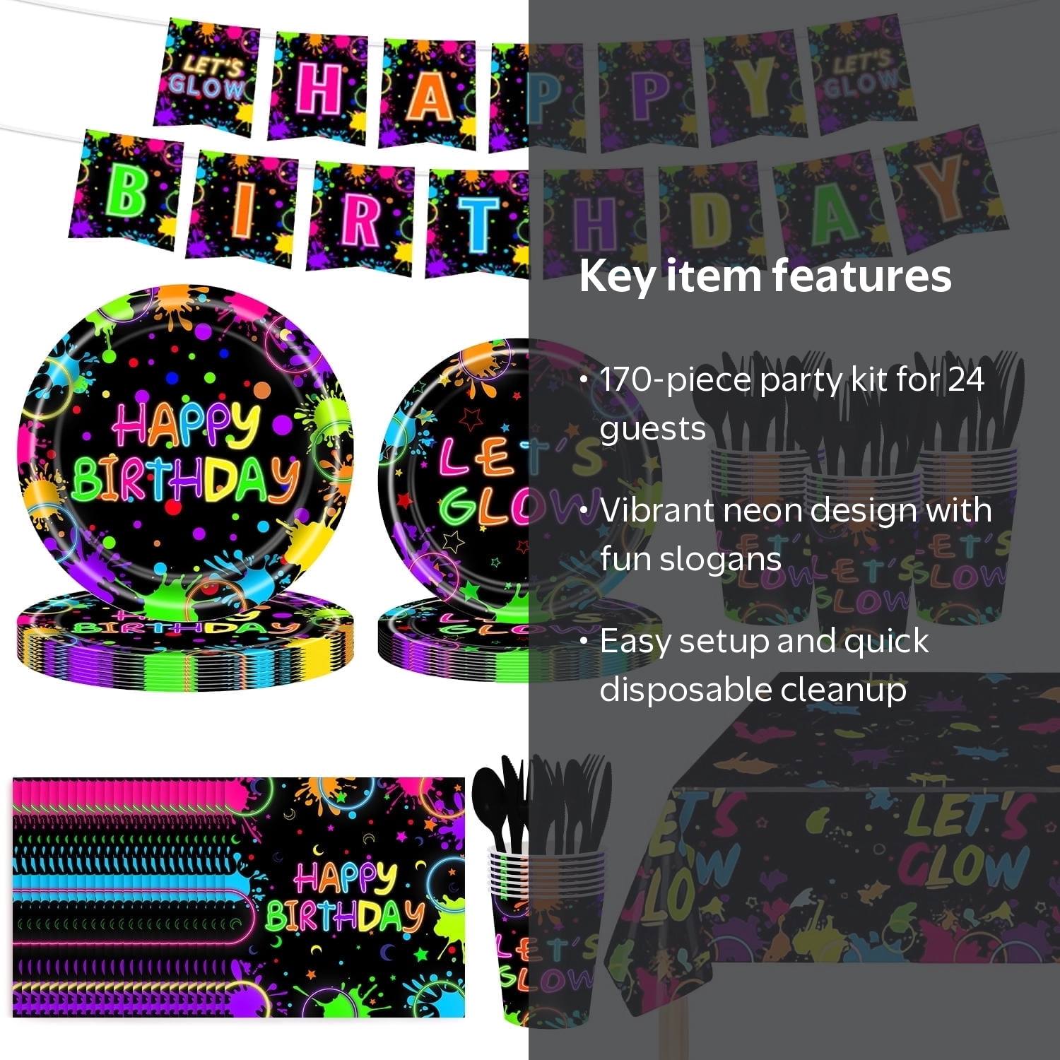 Ayieyill, Birthday Decorations Kit, 170pcs, Vibrant Neon Theme
