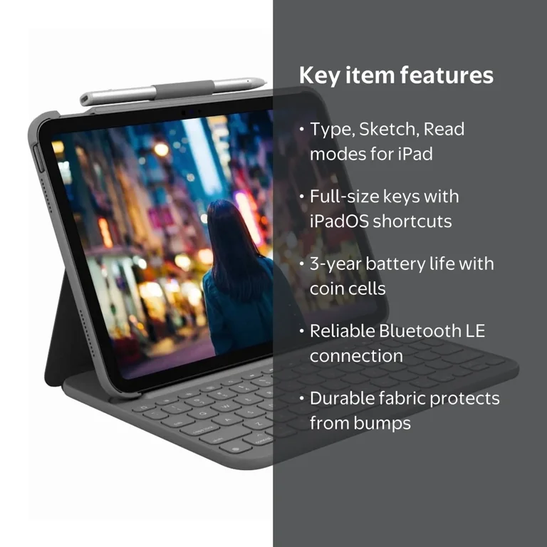 Logitech, Slim Folio Keyboard Case, for iPad 10th gen A16, Gray