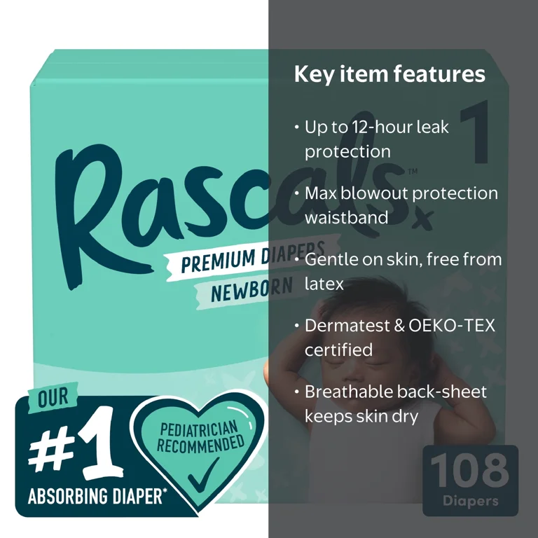 Rascals Premium Diapers Size 1, 108 Count, Up to 12 Hour Leak