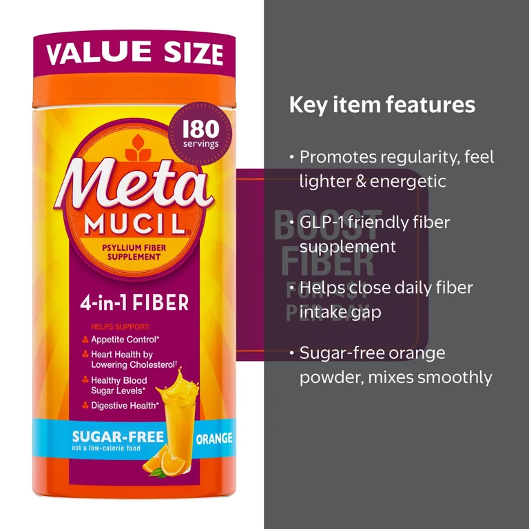 Metamucil GLP-1 Friendly Fiber Supplement, Sugar Free Fiber Powder, Orange, 180 Servings