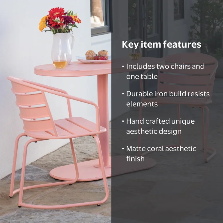 Monica Outdoor 3 Piece Iron Bistro Set, Matte Coral - Walmart.com