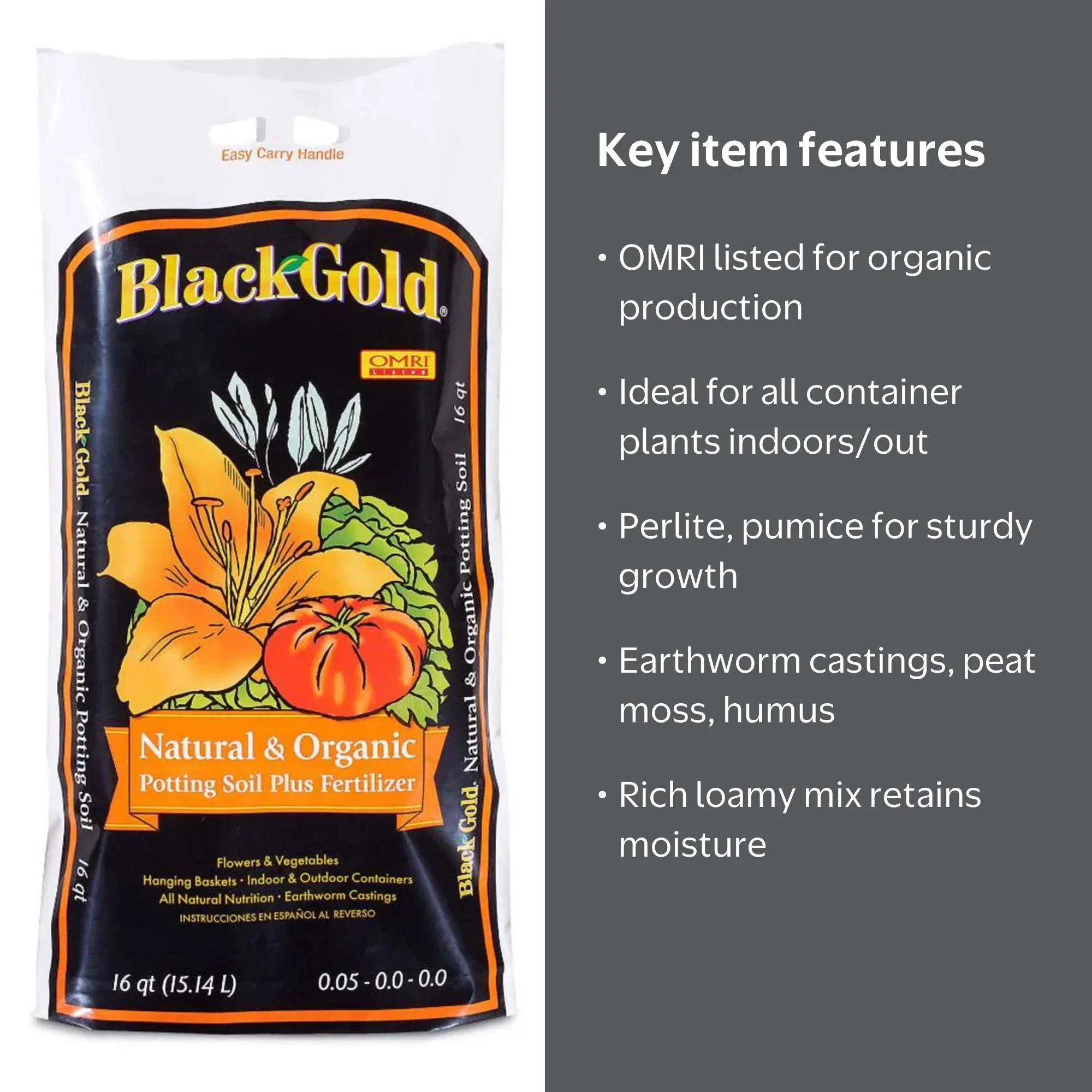 Black Gold Natural & Organic Potting Soil Plus Fertilizer, 16 Qt (pack of 1)