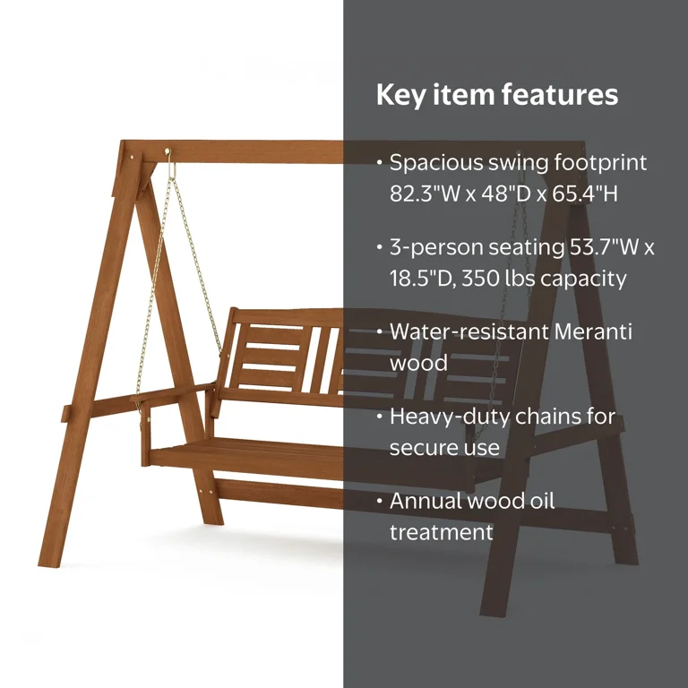 Furinno Tioman Hardwood 3 Seater Swing with Stand, 82.3