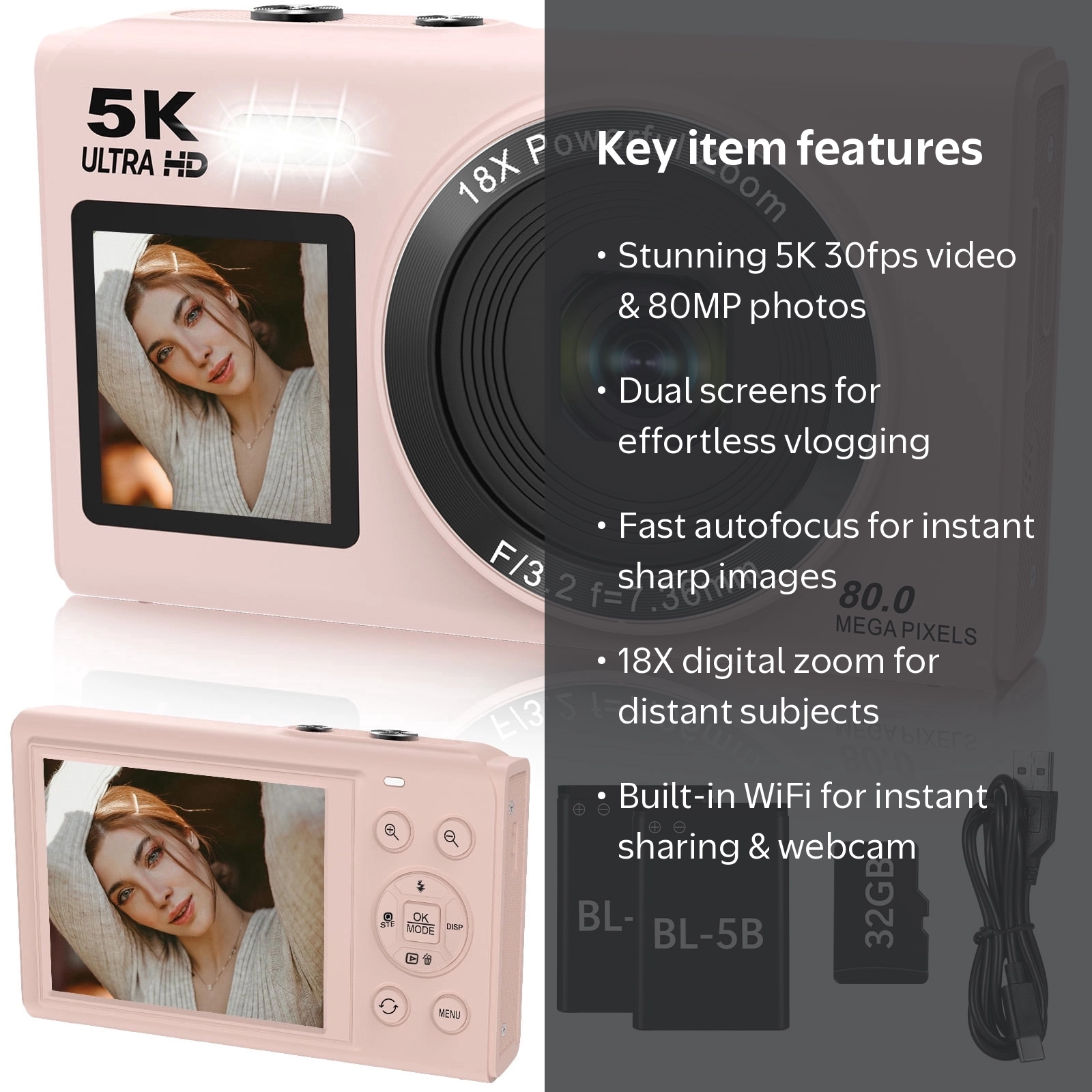 XLURC, Digital Camera, Pink, 5K 80MP Wifi Dual Screen Vlogging