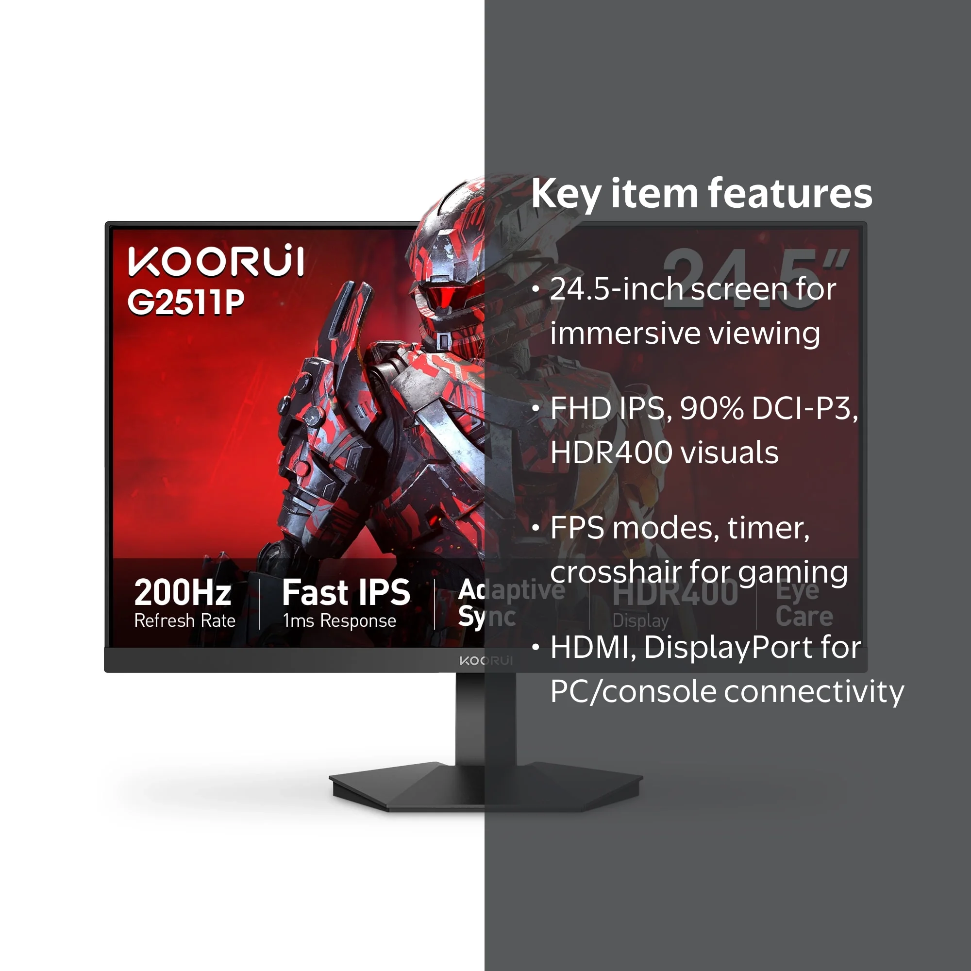 KOORUI 24.5 Inch Gaming Monitor, 200Hz Monitor, 1ms, FHD 1080p IPS