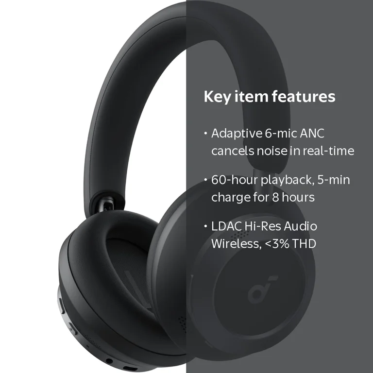 Soundcore Space One Pro Headphones, Adaptive Noise Cancelling, 60H