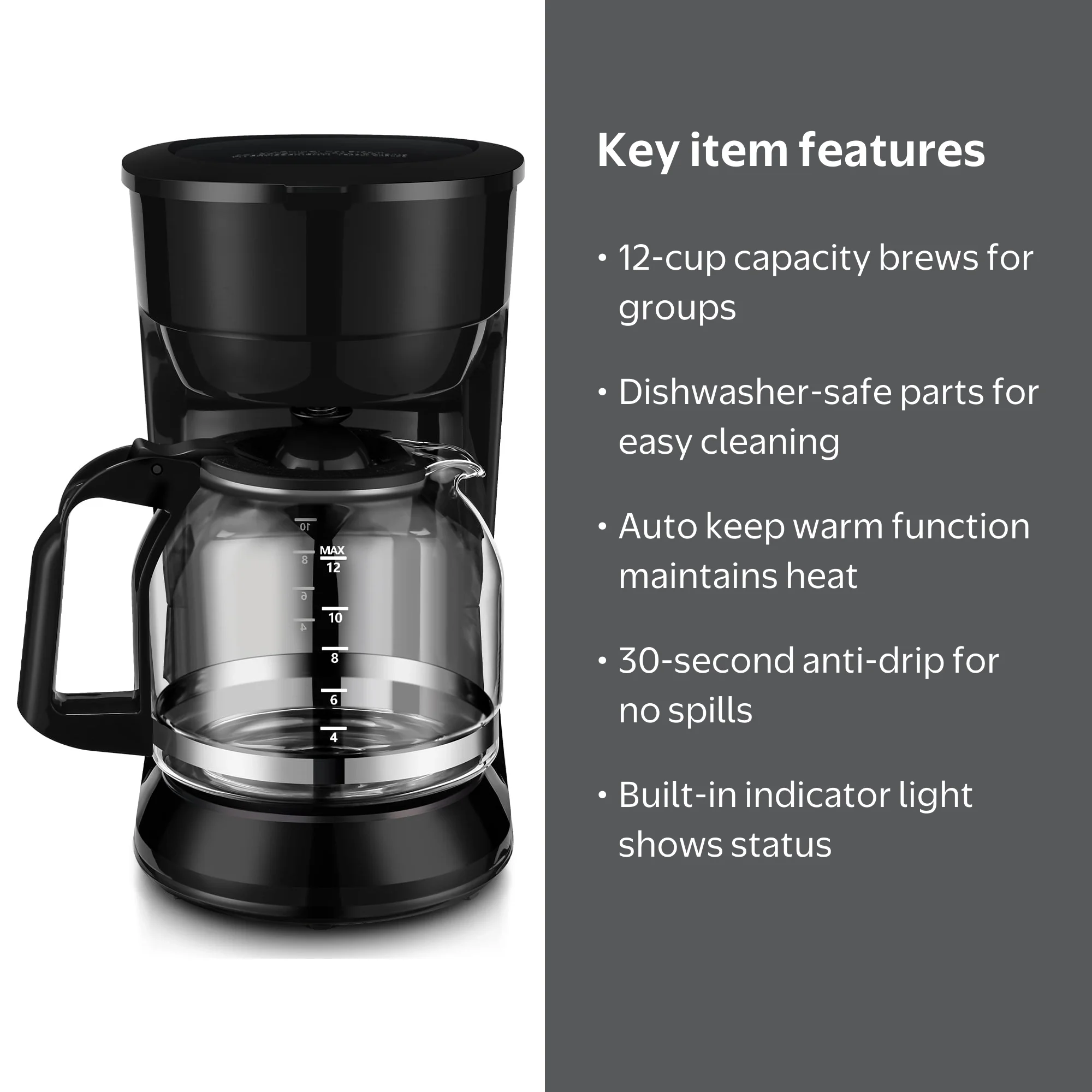 Mainstays Black 12-Cup Drip Coffee Maker with Removable Filter
