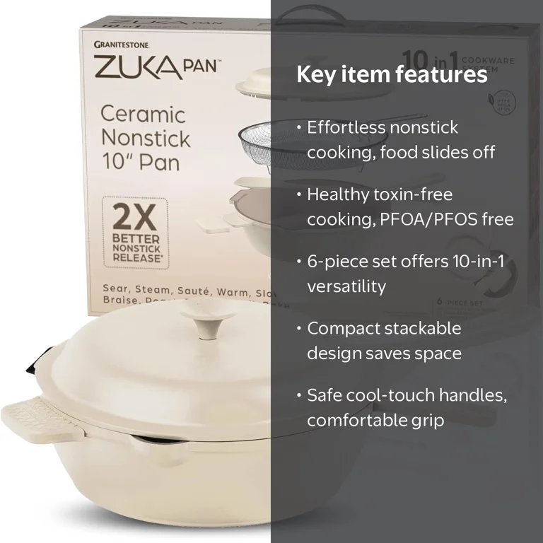 ZUKA Ceramic Pan by Granitestone, 6 Pc Non Toxic Ceramic Deep