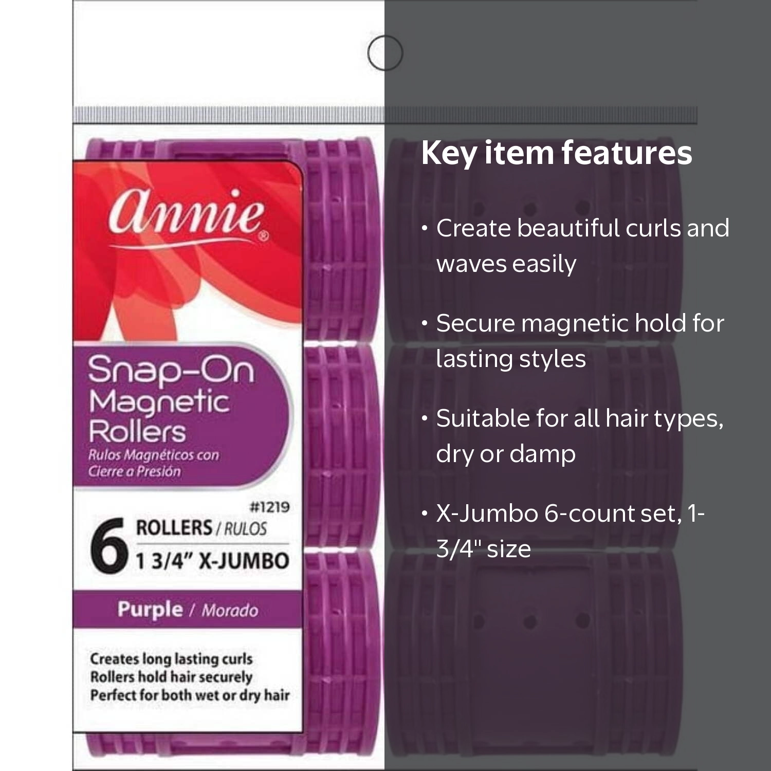 Annie, Magnetic Plastic Hair Rollers, X-Jumbo 1-3/4 inch, Purple