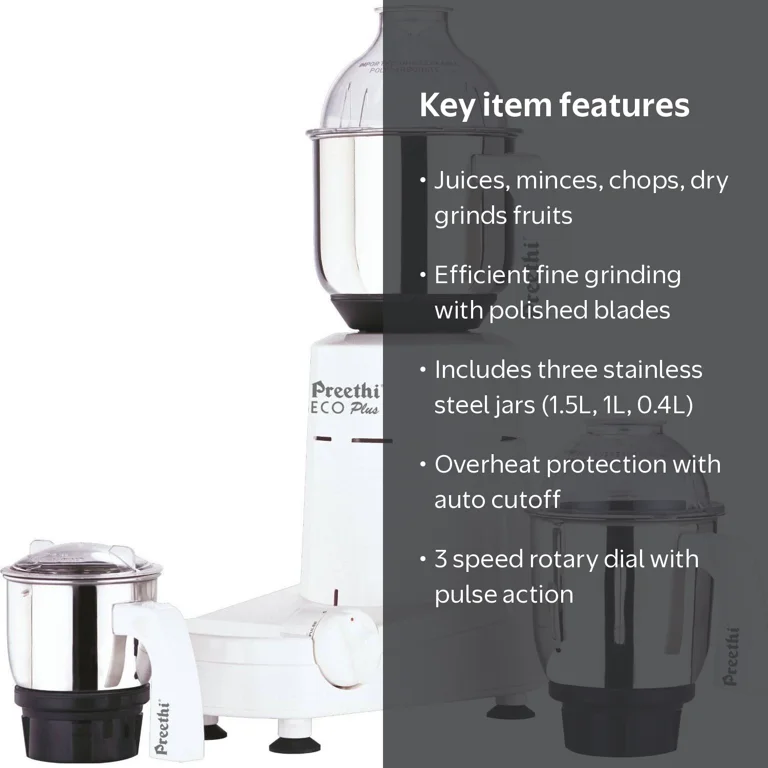 Preethi Eco Plus Mixer Grinder, 110V, 3 Jar, 1 Year Motor Warranty