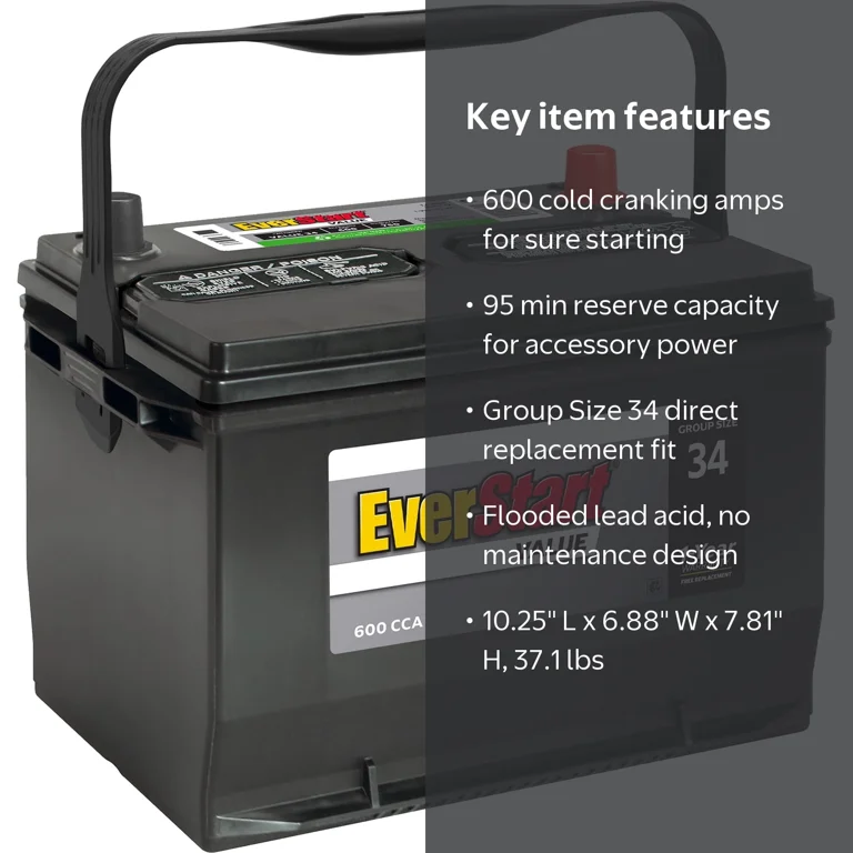 EverStart Value Lead Acid Automotive Battery, Group 34, 12V, 600