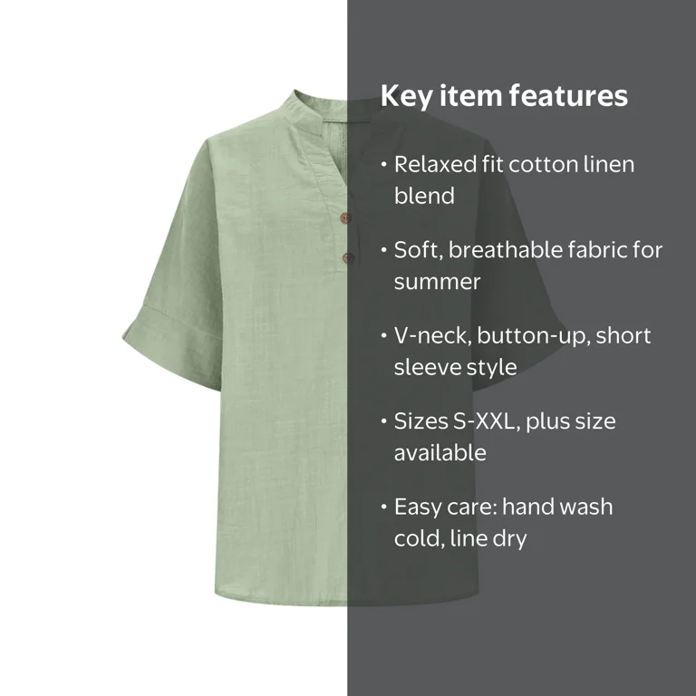 Yteetum Women's Cotton Linen T Shirts Oversized V Neck Button Up