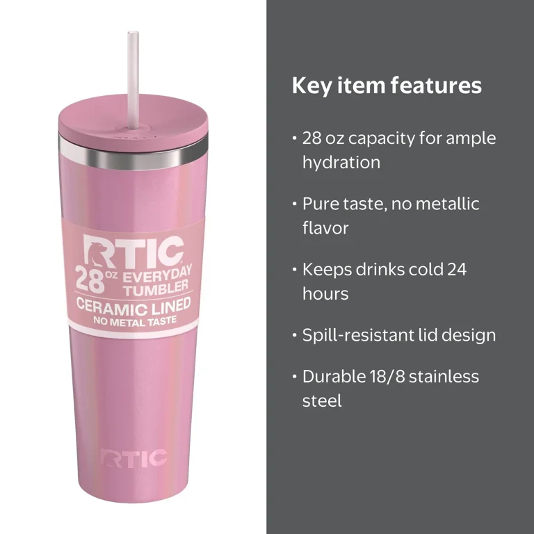 Stina RTN. ダスティーピンク サイズM RTIC 28 oz Ceramic Lined Everyday Tumbler, Spill-Resistant Straw