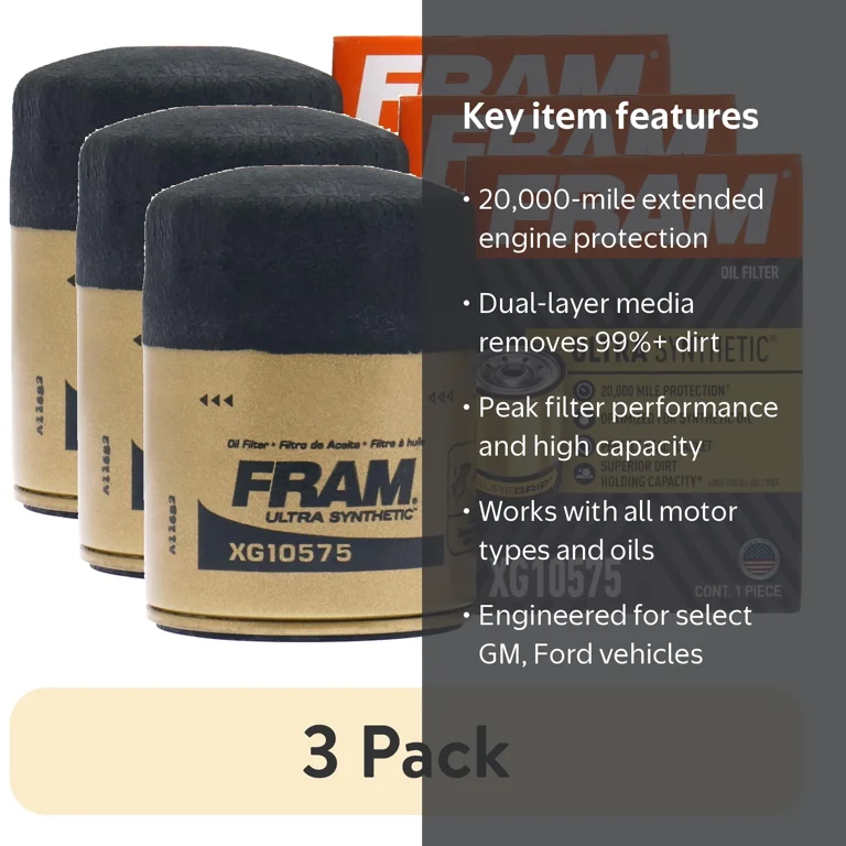 3 pack) FRAM Ultra Synthetic XG10575 Motor Oil Filter, 20K mile