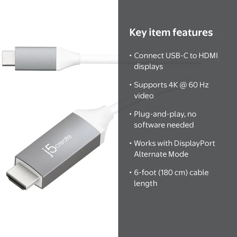 j5create USB-C to 4K HDMI Cable, 6 ft, for Monitor, Projector