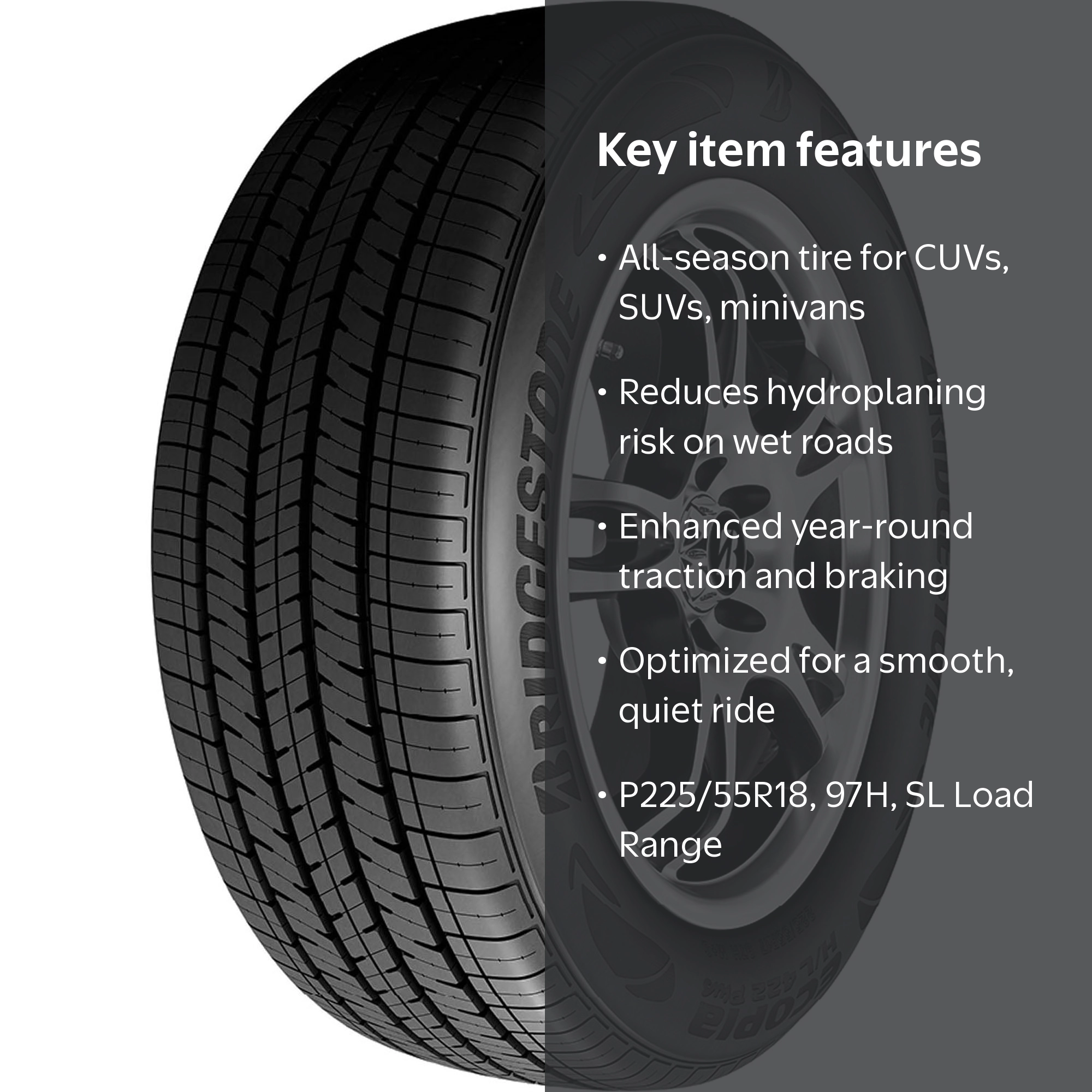 Bridgestone, Passenger Tire, P225/55R18 97H, All Season - Walmart.com