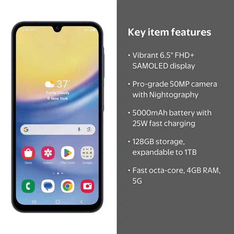 New AT&T Samsung Galaxy A15 5G, 128GB, 4GB RAM, Black - Prepaid
