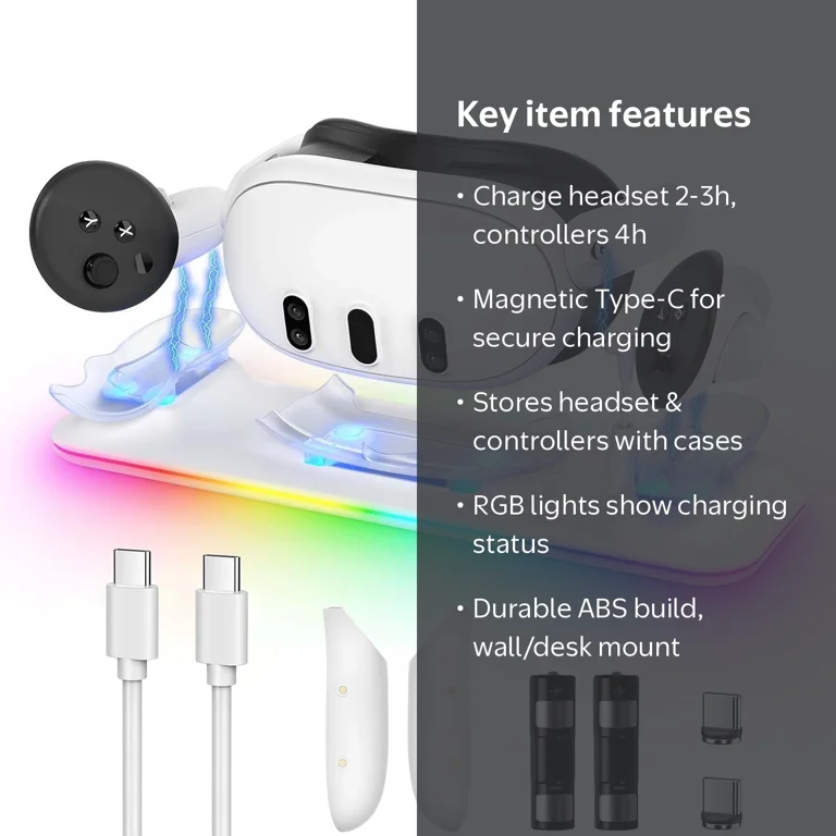 Prociv, VR Charging Dock for Meta Quest 3, Magnetic RGB Lighting