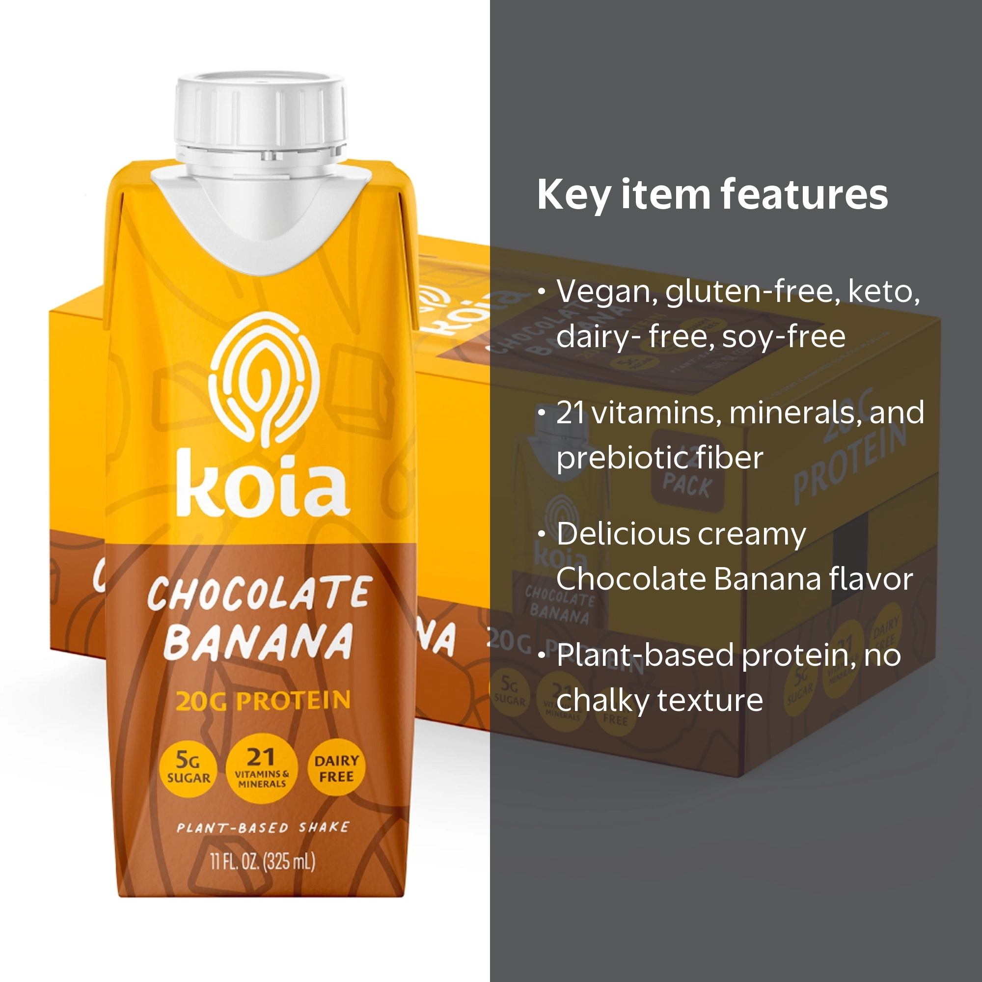 Koia Plant Based Protein Shake, Chocolate Banana, 20g Protein, 5g