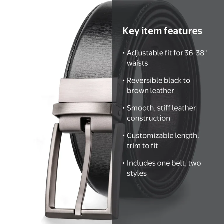 Maikun Mens Reversible Leather Belt, Rotatable Buckle, Black and
