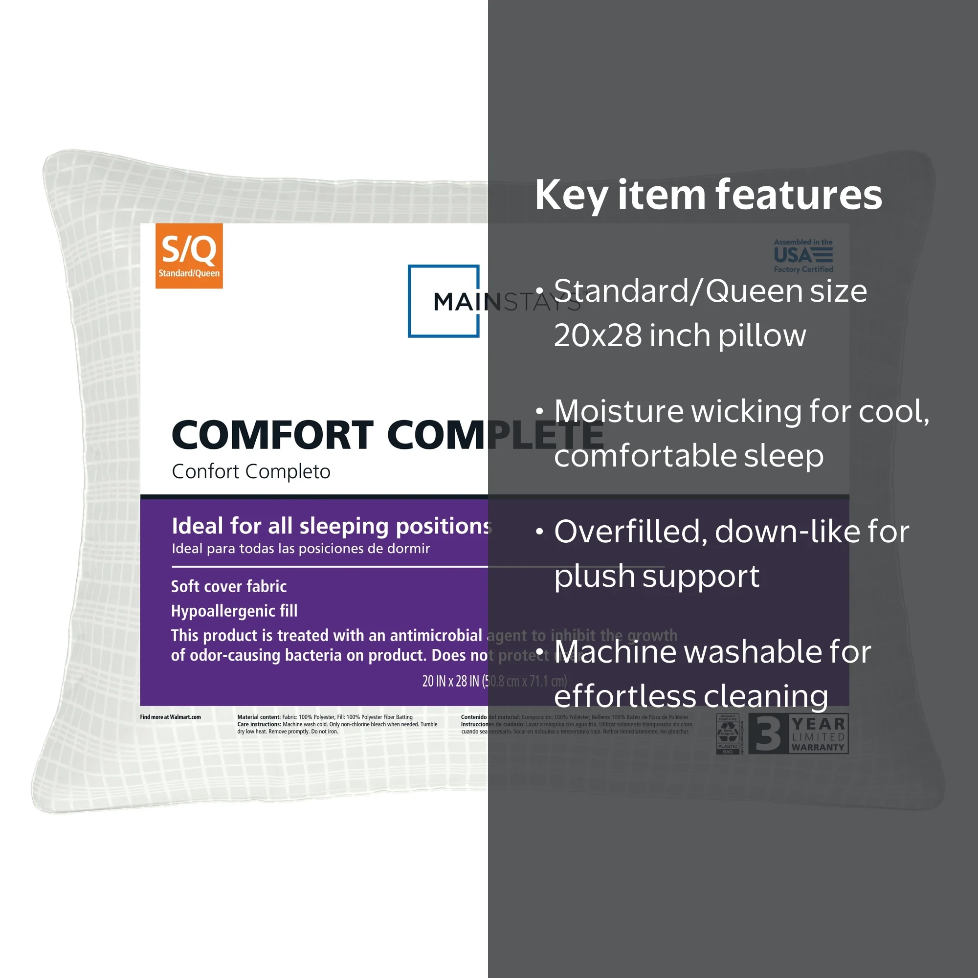 Mainstays Comfortable Complete Pillow, Standard Queen 20x28 inches