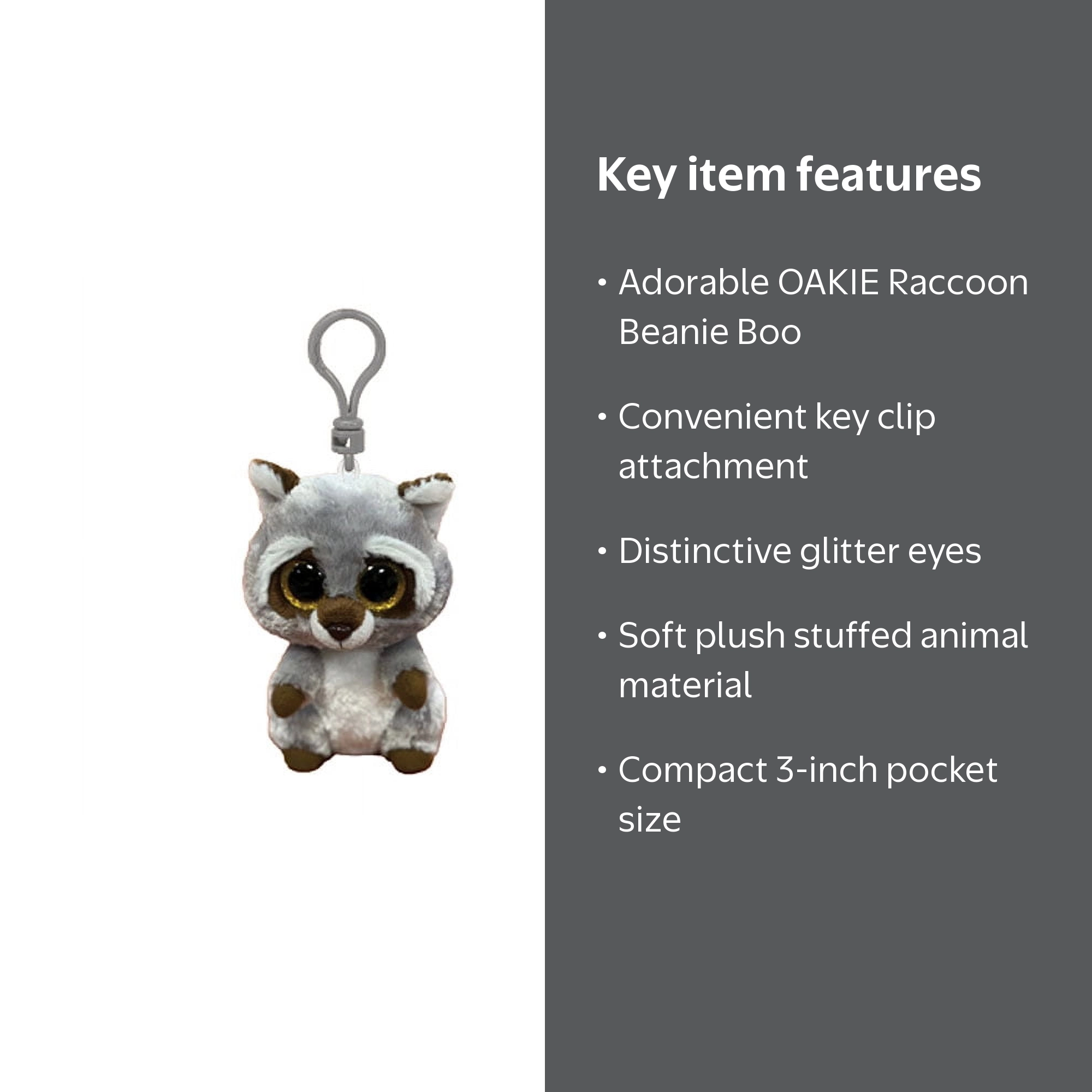 TY Beanie Boos - OAKIE the Raccoon (Glitter Eyes)(Key Clip - 3