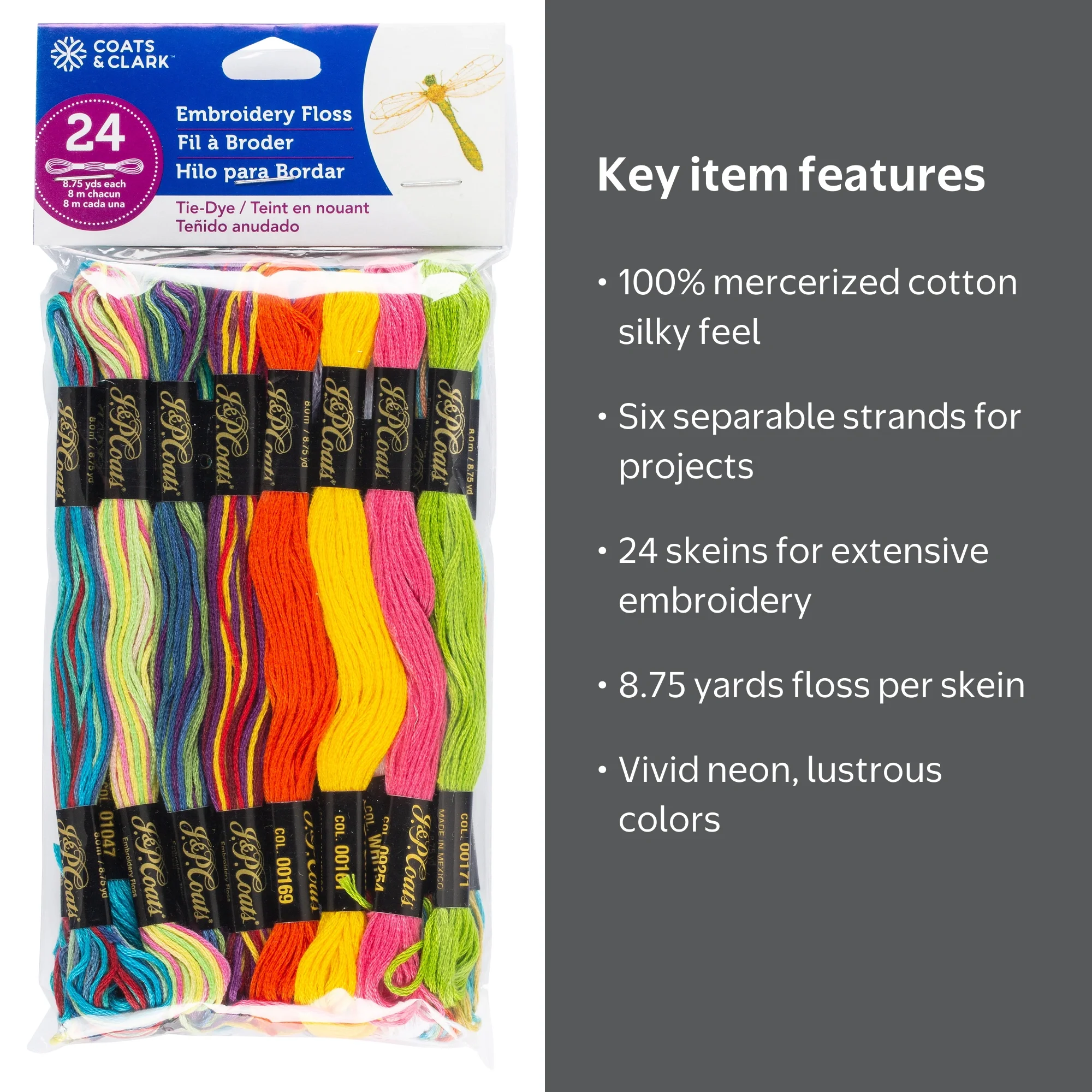 J. & P. Coats Tie-Dye Embroidery Floss Value Pack, 24 Piece