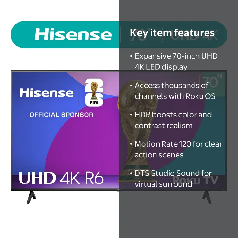 Hisense, 70 inch Class 4K UHD LED LCD Roku Smart TV R6 Series