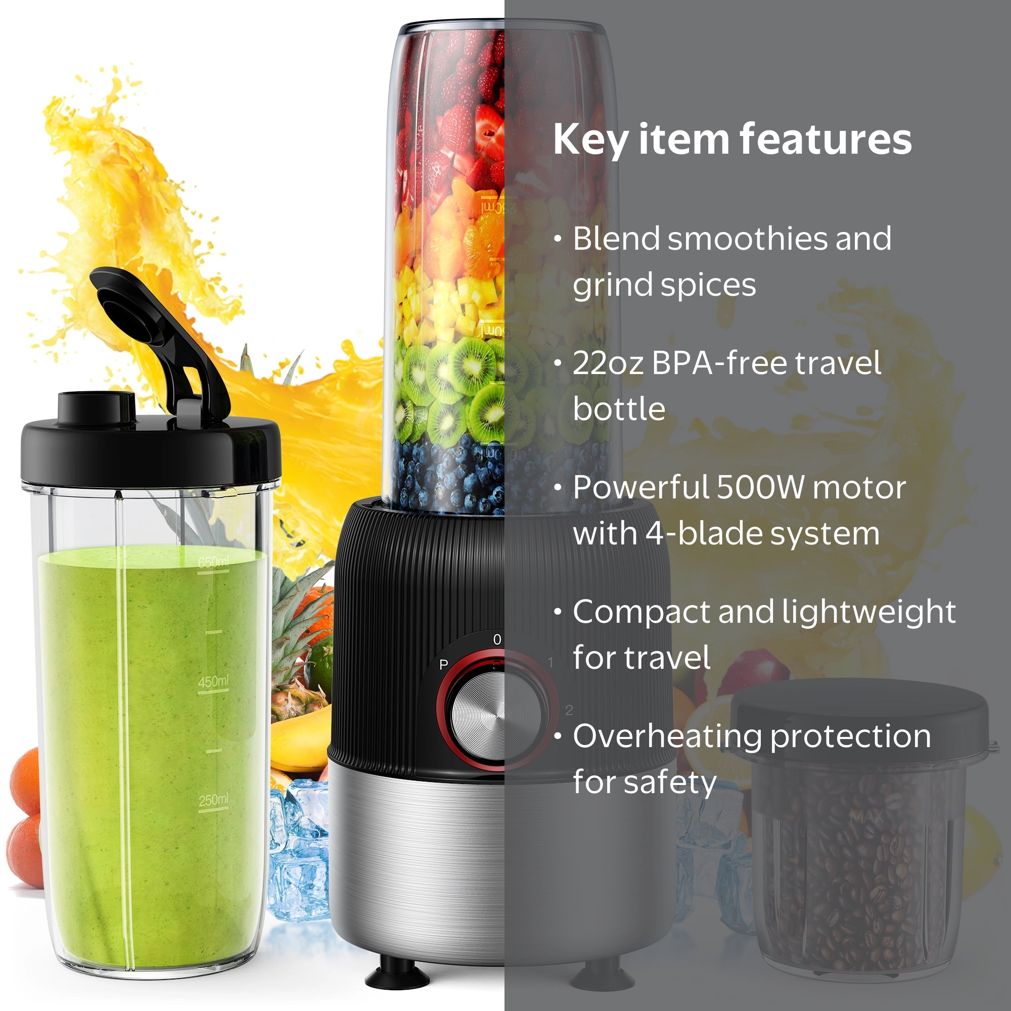 Suodoka 2-in-1 Multipurpose Blender, 500W, 22oz Bottle, Smoothies