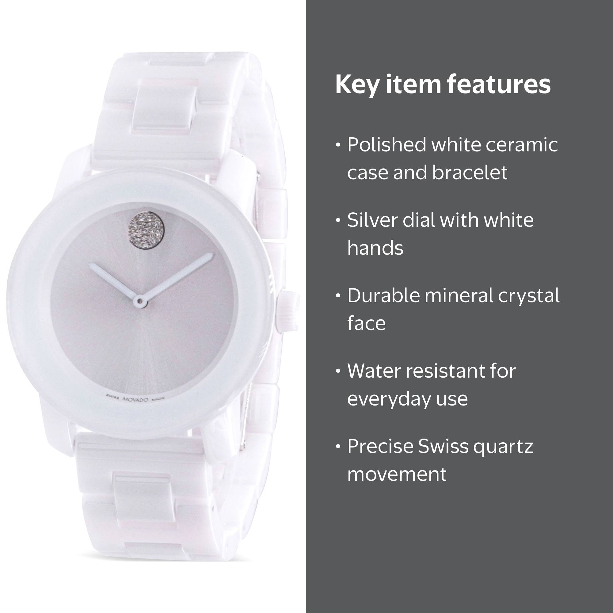 Movado, Women's White Ceramic Quartz Watch, 3600802 - Walmart.com