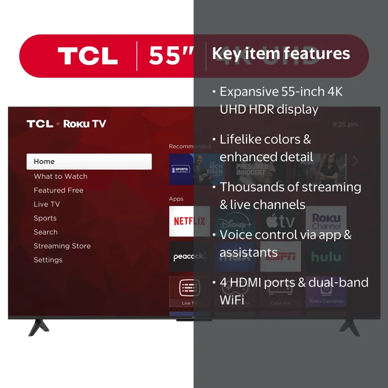 TCL, 55‚Äù Class S4 4K UHD HDR Smart TV with Roku TV, 55S451