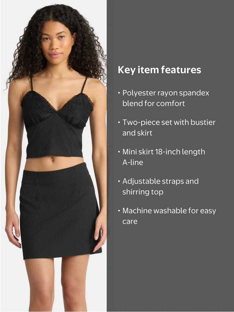No Boundaries Woven Pinstripe Bustier Top and Mini Skirt Set, 2