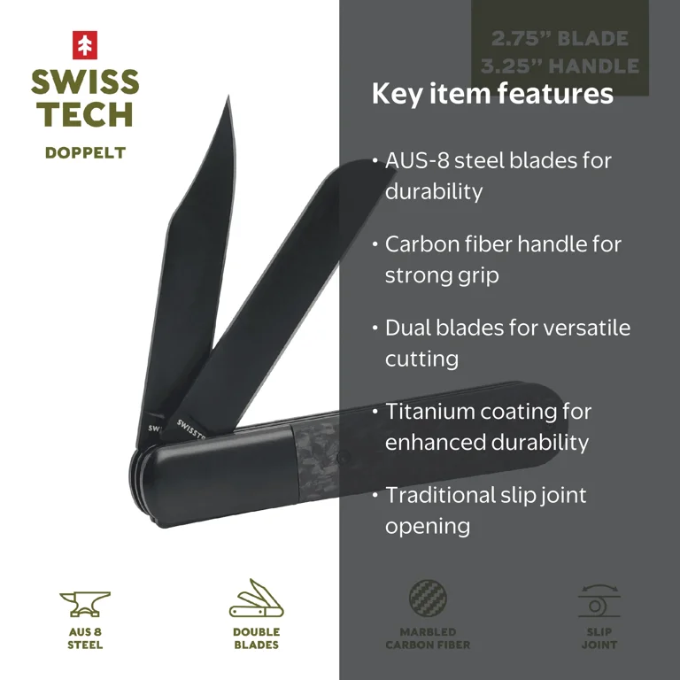 Free Shipping! Swiss Tech Double Bladed Pocket Knife, AUS-8 Steel