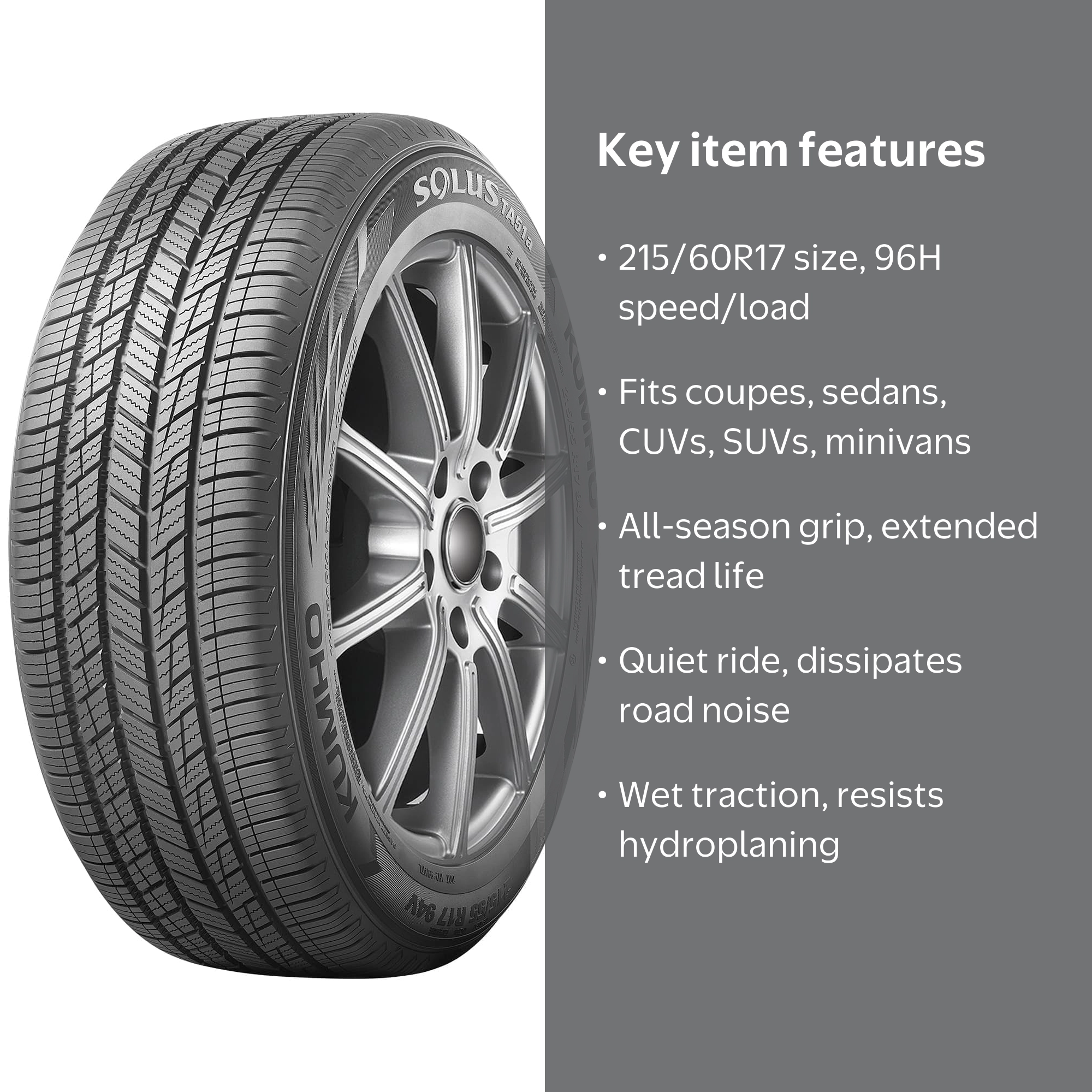 Kumho Solus TA51a All Season 215/60R17 96H Passenger Tire, 65,000
