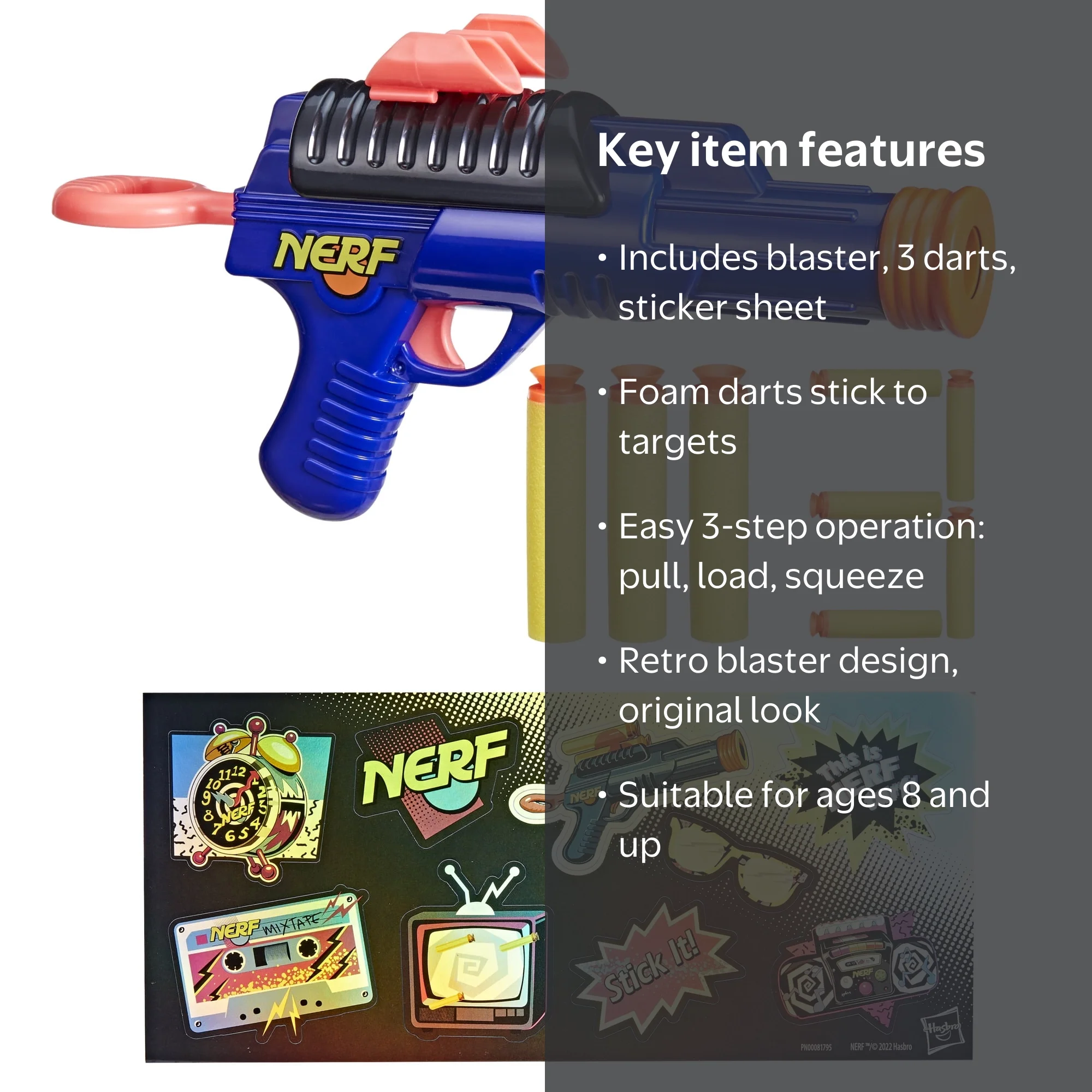 Nerf Sharp92 Retro Dart Blaster with 3 Suction Darts for Kids