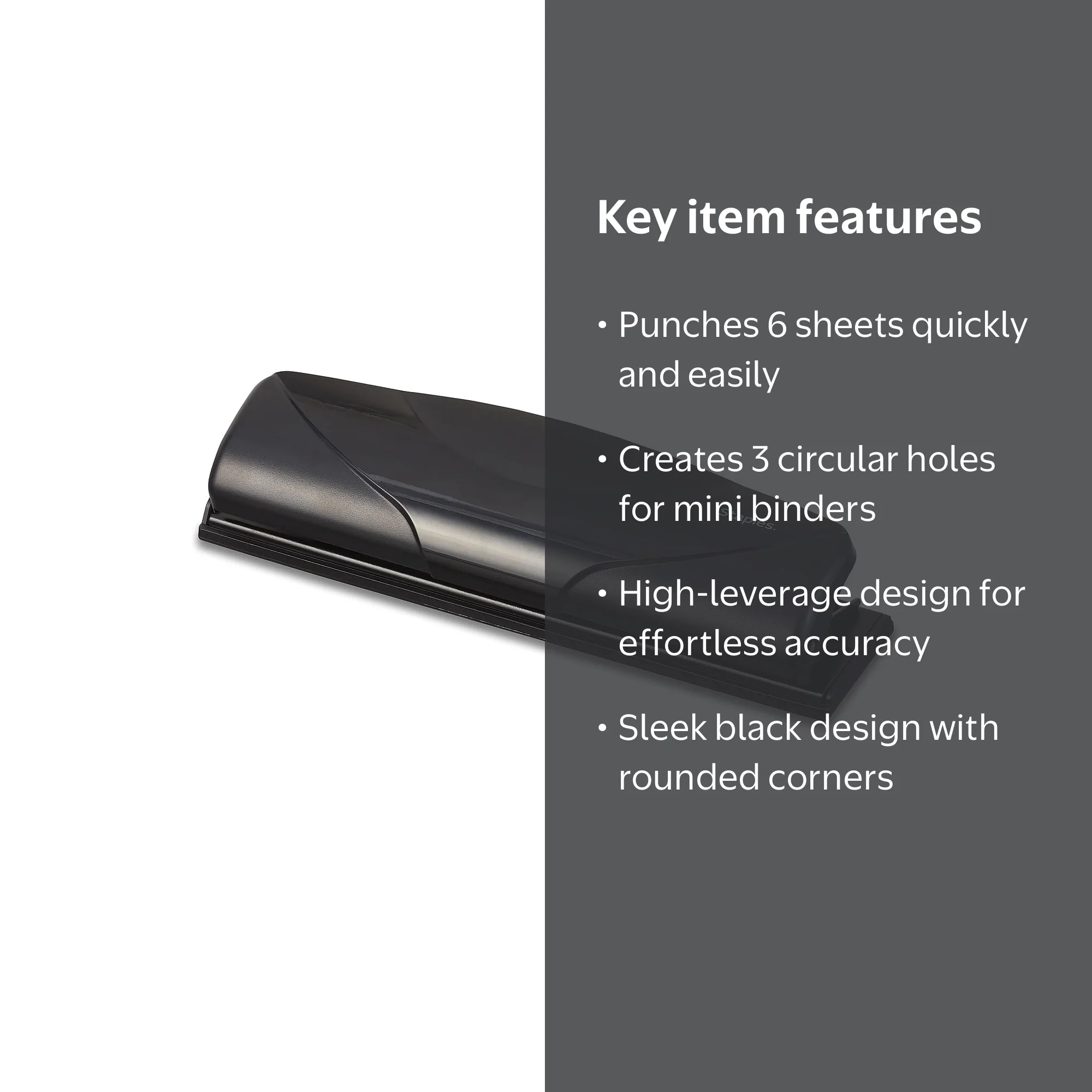 Staples, Mini 3-Hole Punch, 21419-CC, Black, 6-Sheet Capacity