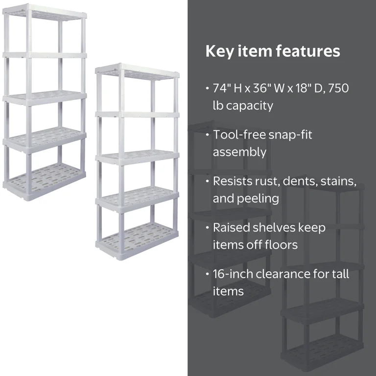 Hyper Tough 5-Tier Plastic Storage Shelf, 74 in H x 36 in W x 18