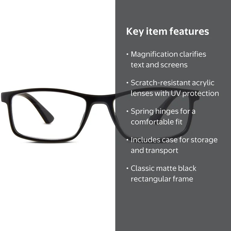 Equate Men's Jackson Rectangular Reading Glasses with Case, Matte