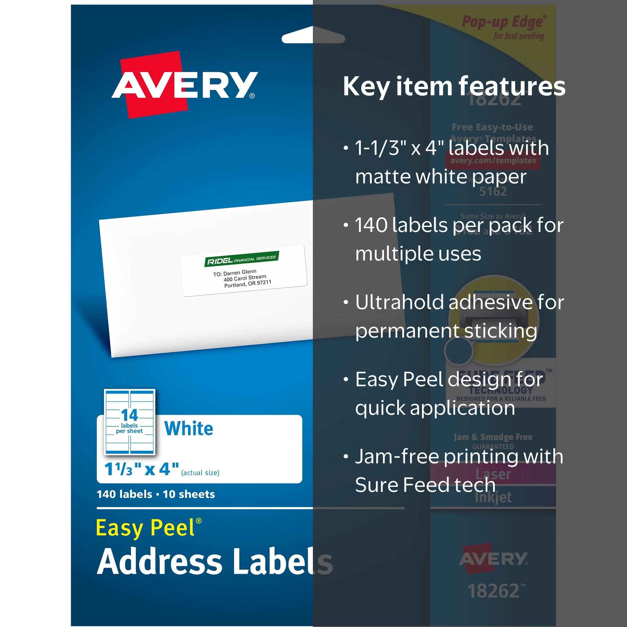Avery Address Labels, 1-1/3 x 4, Matte White, Laser/Inkjet, Sure